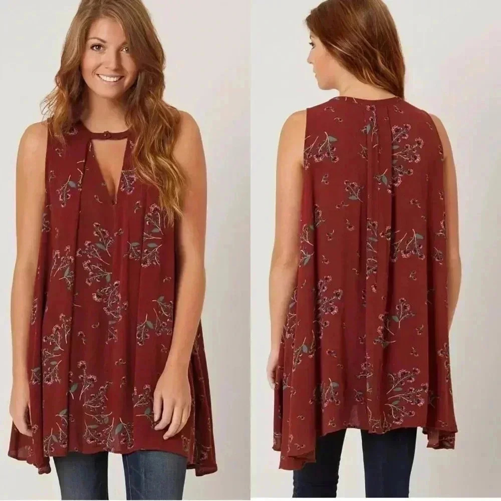 Free People Burgundy Floral Swing Tunic Top Sleeveless Boho Flowy